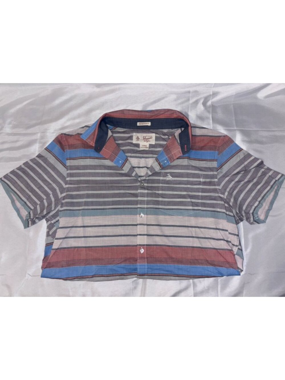 Original Penguin Heritage Slim Fit Striped Cropped Button-Up Shirt Men's L